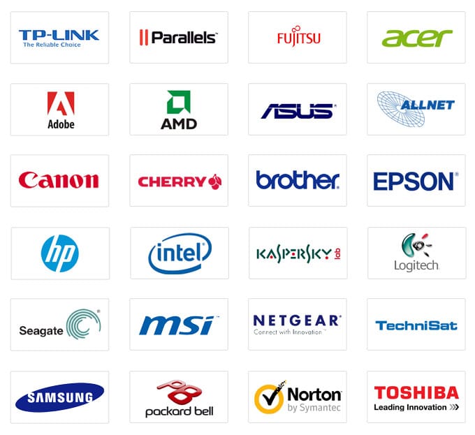 TP-Link, Parallels, Fujitsu, acer, adobe, amd, asus, allnet, cannon, cherry, brother, epson, hp, intel, kaspersky, logitech, seagate, msi, netgear, technisat, samsung, packard bell, norton by symantec, toshiba